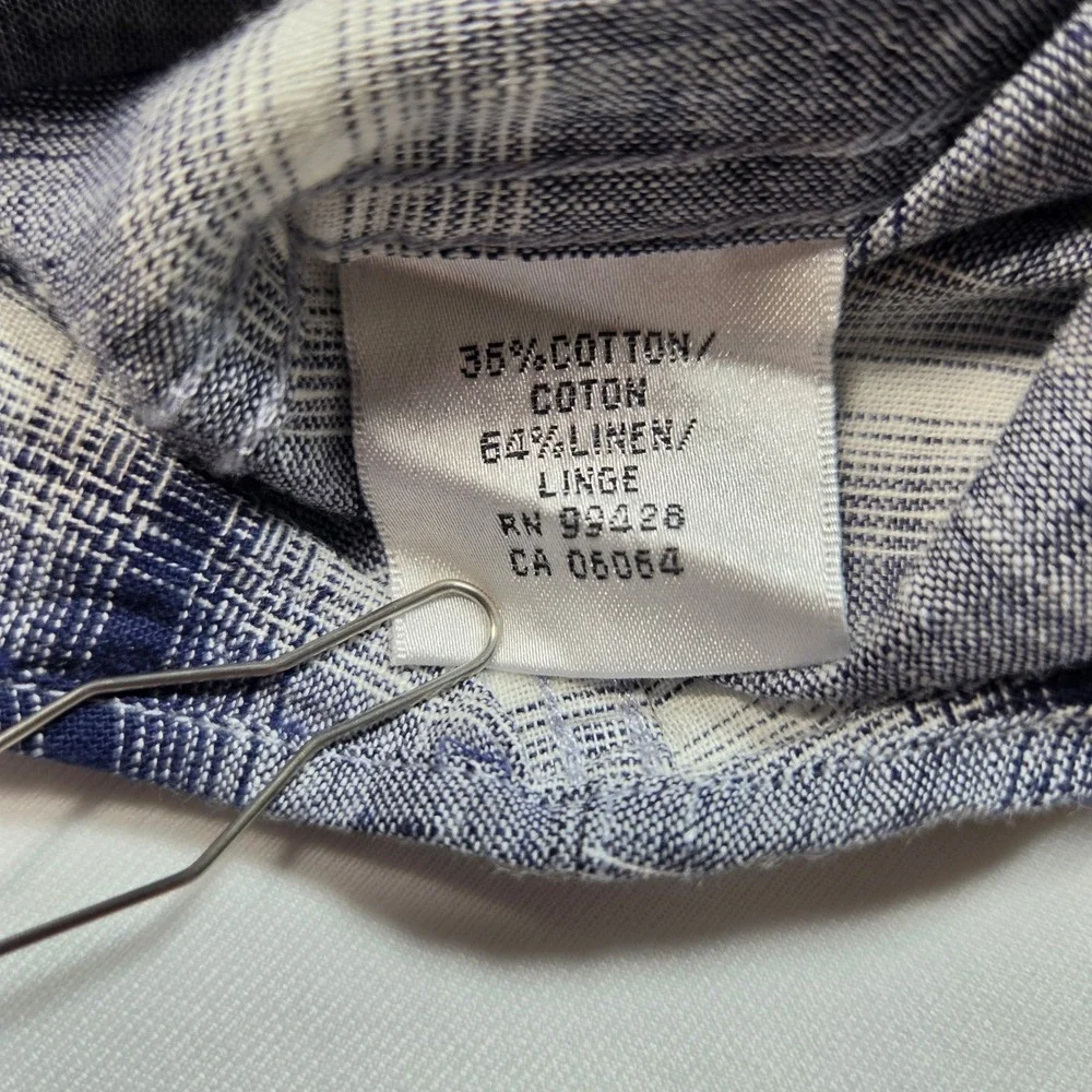Bugatchi Mens Large Blue White Plaid Linen Blend Short Sleeve Shaped Fit Shirt